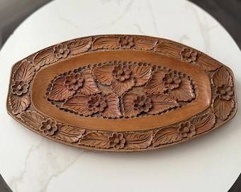 Vintage Hand Carved Wooden Tray, Large 49cm Floral Leaf Serving Platter