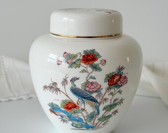 Wedgwood Kutani Crane Ginger Jar, Bone China Lidded Jar, Vintage English Porcelain Decor