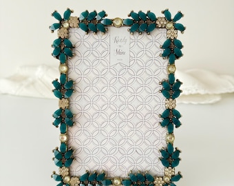 Vintage Teal Jeweled Photo Frame 4x6, Hollywood Regency Rhinestone Picture Frame