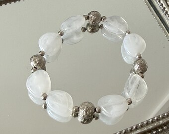 Vintage Quartz Crystal Stretch Bracelet, Tumbled Stone Beads, Engraved Silver Boho Beads, Healing Crystal Jewellery
