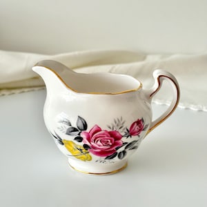 Royal Vale Vintage Bone China Creamer | Pink & Yellow Rose Jug with Gold Trim | English Floral Milk Jug |