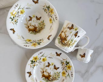 Duchess Bone China Bunny Breakfast Set, Vintage English Plate, Bowl, Mug, Egg Cup