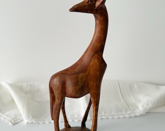 Figura de jirafa vintage de madera tallada a mano, escultura de animal de safari de 25 cm, decoración de bosque