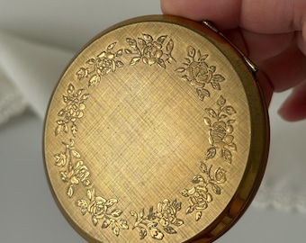Vintage Stratton Powder Compact | Gold Floral Compact Mirror | Made in England | Vintage Vanity Collectible | 7.5cm