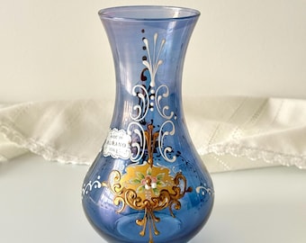 Vintage Murano Glass Vase, Blue Hand Painted Italian Art Glass Vase, Gold Floral Decor, Made in Murano Italy Venetian Glass Bud Vase