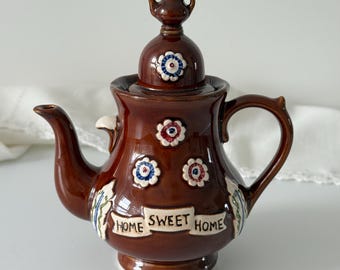 Tetera de cerámica vintage “Hogar dulce hogar”, tetera rústica marrón, decoración de cocina estilo cottagecore, tetera de granja, cerámica decorativa