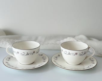 Vintage Royal Worcester Bridal Lace Coffee Cups and Saucers Set of 2, English Bone China Coffee Cups, Silver Floral Tea Set