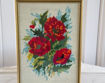 Vintage Framed Needlepoint Picture, Floral Embroidery Wall Art, Red Poppy Tapestry, Cottagecore Home Decor