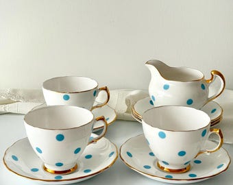 Juego de té vintage Royal Vale, tazas de té con lunares, porcelana inglesa, 3 tazas, 6 platillos, jarra de leche, juego de té con lunares azules