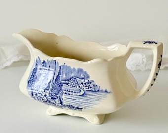 Vintage Myott Homeland Gravy Boat, Blue Transferware Staffordshire Sauce Jug