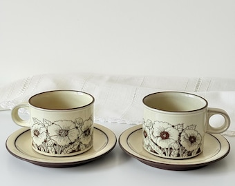 Vintage Hornsea Cornrose Tea Cups and Saucers, English Floral Stoneware
