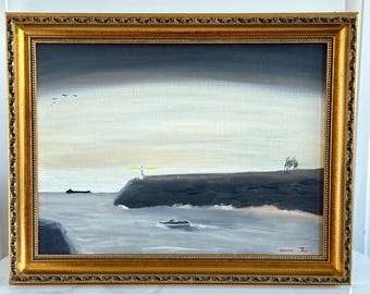 Vintage Original Oil Painting: Coastal Landscape with Lighthouse, Framed Wall Art
