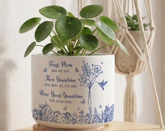 Vaso de cerâmica personalizado para mãe, avó ou bisavó, com estampa Toile de Jouy, presente para bisavó, vaso de cerâmica com o nome dos filhos, presente para a mãe.