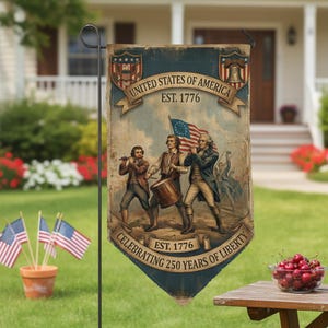 May include: A patriotic garden flag featuring a vintage illustration of the United States of America. The flag displays the text "United States of America EST. 1776" and "Celebrating 250 Years of Liberty". The flag is displayed on a black metal stand.
