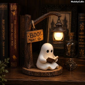 Ghost Reading Book Lantern with LED, Halloween Bookshelf Decor, Gothic Library Lamp, Spooky Book Nook Light, Gift for Book Lovers