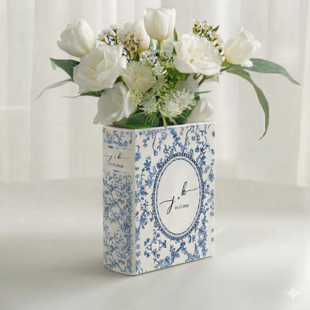 Personalized Weeding Ceramic Book Vase, Custom Wedding Vase, Toile de Jouy Vase, Couple Initial Gift, Bridal Shower Gift - 5.1x2.6x8.1 in