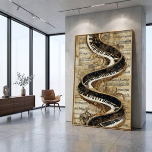 Op de afbeelding: Een ingelijst kunstwerk met een gouden lijst, met een gestileerd pianoklavierontwerp. Het kunstwerk toont een vloeiend, gebogen pianoklavier tegen een achtergrond van vintage bladmuziek. De toetsen zijn zwart en wit, met sierlijke gouden accenten.