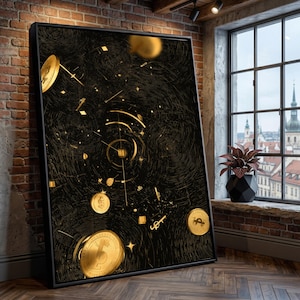Abstract Gold Galaxy Canvas, Cryptocurrency Financial Symbols Wall Art