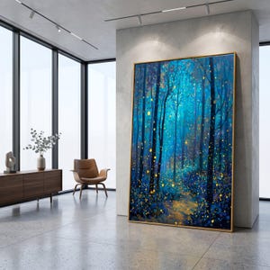 Enchanted Forest Path Canvas, Blue Night Trees Wall Art, Magical Glow Canvas, Woodland Fireflies Decoration, Nature Landscape Artwork