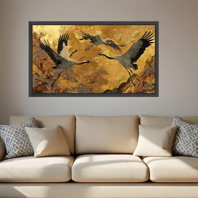 Golden Crane Birds Flying Canvas, Asian Art Wall Decor, Oriental Nature