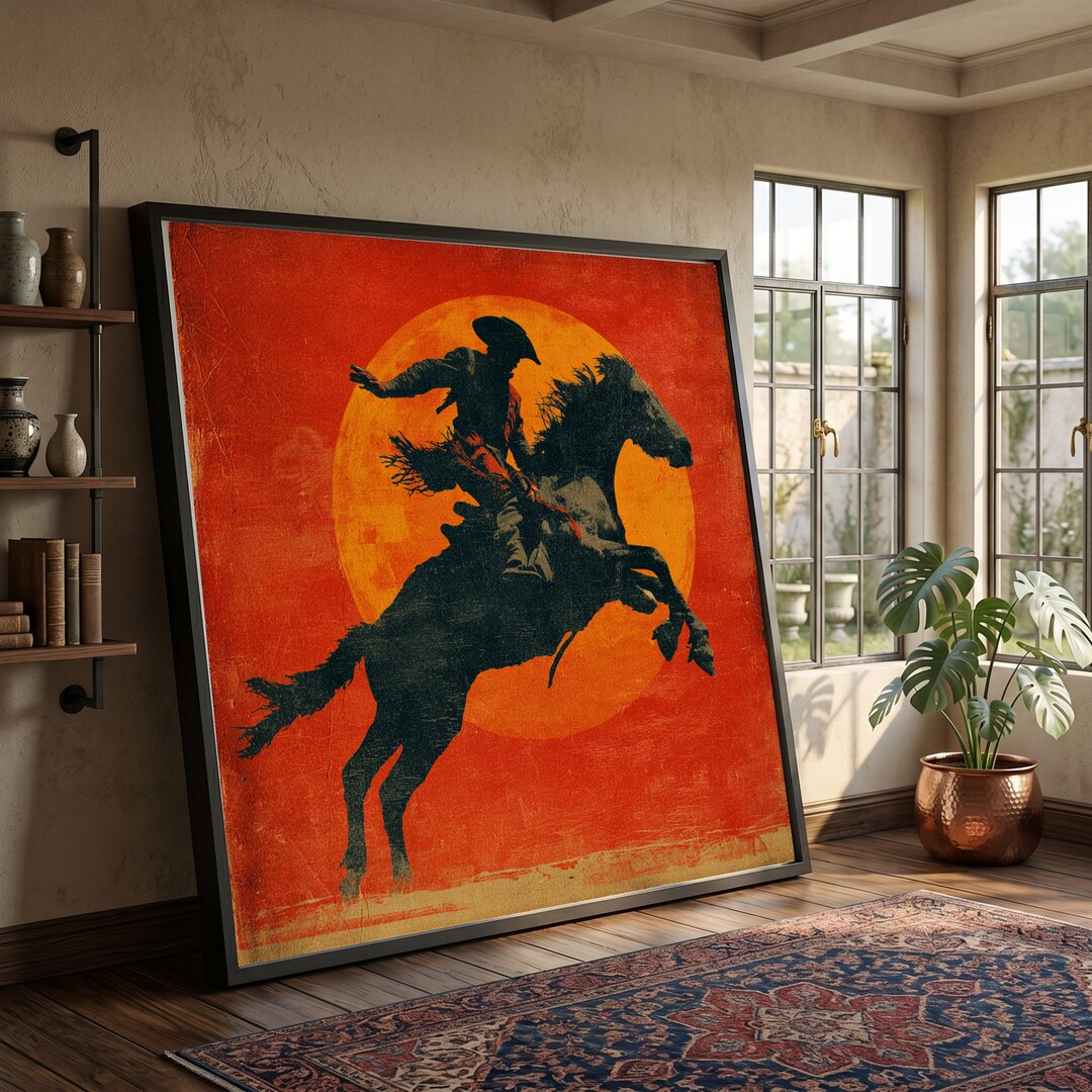 Wild West Cowboy on Horse Canvas, Western Rodeo Wall Art, Vintage Style ...