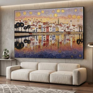 Golden Cityscape Reflection Canvas, Mosaic Style Urban Wall Art, Sunset Skyline Canvas, Modern Home Decor, Vibrant River Scene Canvas