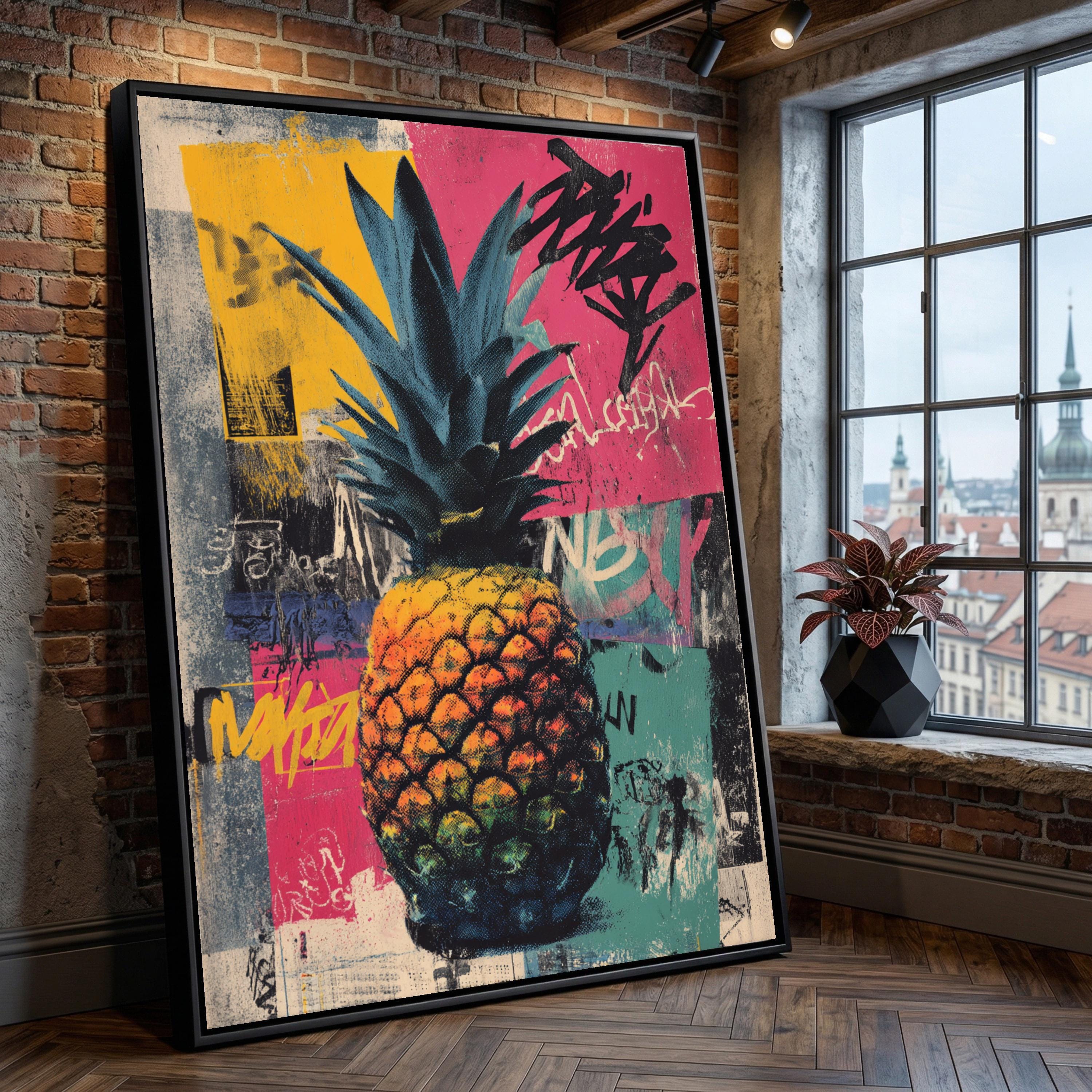 Vibrant Pineapple Pop Art Canvas, Tropical Graffiti Wall Decor