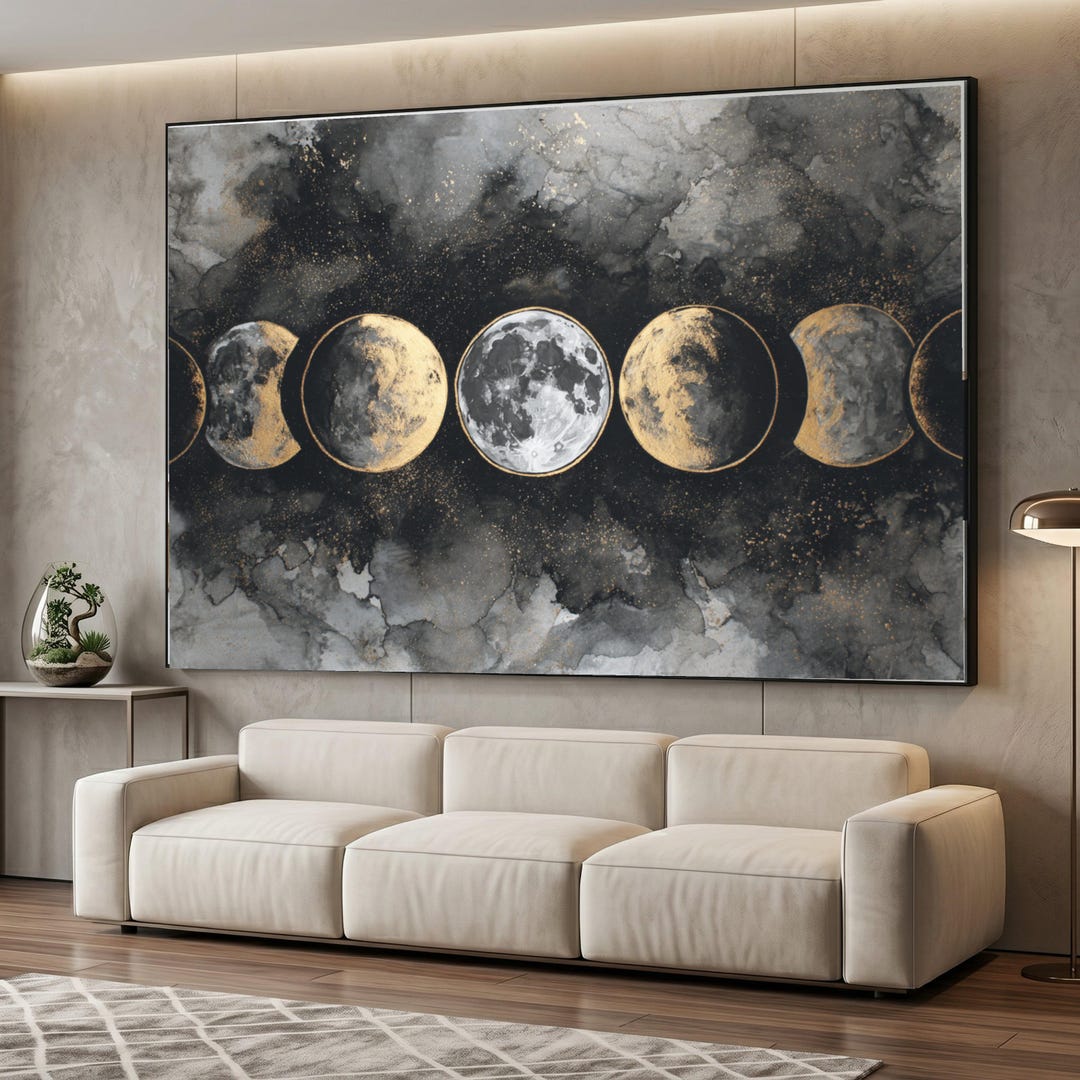 Moon Phases Canvas Wall Art, Celestial Lunar Cycle Decor, Black and ...