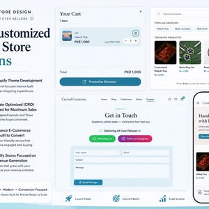 Könnte beinhalten: Eine digitale Anzeige für Shopify-Shop-Design-Dienstleistungen für Etsy-Verkäufer. Das Layout umfasst eine Warenkorb-Schnittstelle, ein Suchmenü, ein Kontaktformular und eine mobile Ansicht der Website Crystal Creations mit Produktlisten.