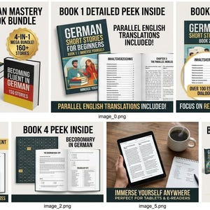 Op de afbeelding: Een verzameling Duitse taalleerboeken. De bundel bevat vier boeken: "German Short Stories for Beginners", "8 Unconventional German Stories" en "Becoming Fluent in German". De boeken bevatten parallelle Engelse vertalingen.