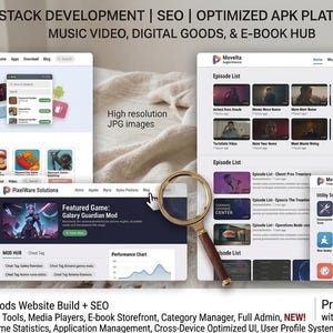 Könnte beinhalten: Eine digitale Anzeige, die das Design einer Full-Stack-Entwicklungs- und optimierten APK-Plattform-Website zeigt. Die Benutzeroberfläche enthält Bereiche für Musikvideos, digitale Güter, E-Books, Spieleanwendungen und Benutzerprofile.