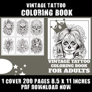 Vintage Tattoo Coloring Book - Digital Downloadable 200 Pages 8.5X11 Inch for Adults