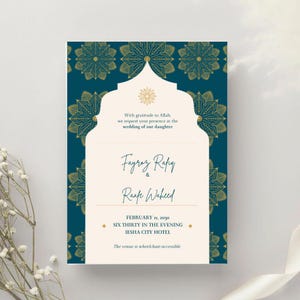 Modelo elegante de convite islâmico Nikkah | Cartão de casamento digital azul e dourado editável, para impressão e download instantâneo.
