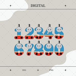 Peut inclure: Image numérique des chiffres de 0 à 9, chacun conçu comme une locomotive bleue souriante avec des roues rouges. Le mot "DIGITAL" est en haut, et "SVG" et "PNG" en bas.