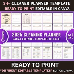 cleaning planner bundle pdf editable canva,Home cleaning schedule,Weekly,Monthly,Yearly Cleaning Checklist,Declutter,Family Chore Chart