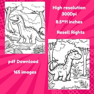 Pode incluir: P&aacute;ginas para colorir de dinossauros em preto e branco. A imagem inclui duas ilustra&ccedil;&otilde;es de dinossauros em um cen&aacute;rio de floresta. O texto na imagem inclui "Alta resolu&ccedil;&atilde;o 300Dpi 21,6 x 27,9 cm Resell Rights pdf Download 165 imagens."