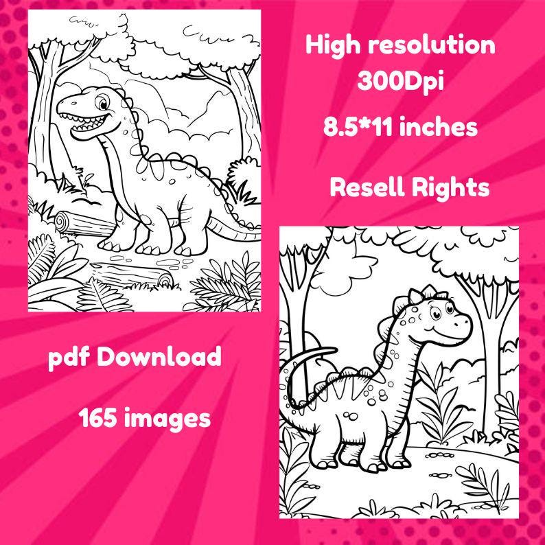 Pode incluir: P&aacute;ginas para colorir de dinossauros em preto e branco. A imagem inclui duas ilustra&ccedil;&otilde;es de dinossauros em um cen&aacute;rio de floresta. O texto na imagem inclui "Alta resolu&ccedil;&atilde;o 300Dpi 21,6 x 27,9 cm Resell Rights pdf Download 165 imagens."