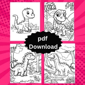Pode incluir: Quatro p&aacute;ginas para colorir de dinossauros em preto e branco. Cada p&aacute;gina apresenta um dinossauro de desenho animado diferente em um ambiente natural. Uma forma de estrela preta no centro da imagem tem as palavras "pdf Download".