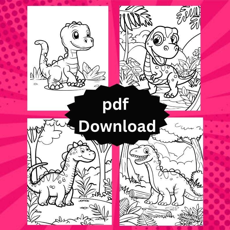 Pode incluir: Quatro p&aacute;ginas para colorir de dinossauros em preto e branco. Cada p&aacute;gina apresenta um dinossauro de desenho animado diferente em um ambiente natural. Uma forma de estrela preta no centro da imagem tem as palavras "pdf Download".