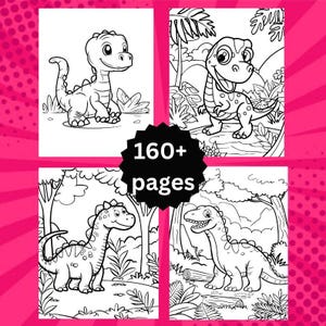 Pode incluir: Um livro de colorir em preto e branco com quatro ilustra&ccedil;&otilde;es de dinossauros. O livro apresenta o texto "160+ p&aacute;ginas" em uma estrela preta. Cada p&aacute;gina mostra um dinossauro diferente em um ambiente natural.