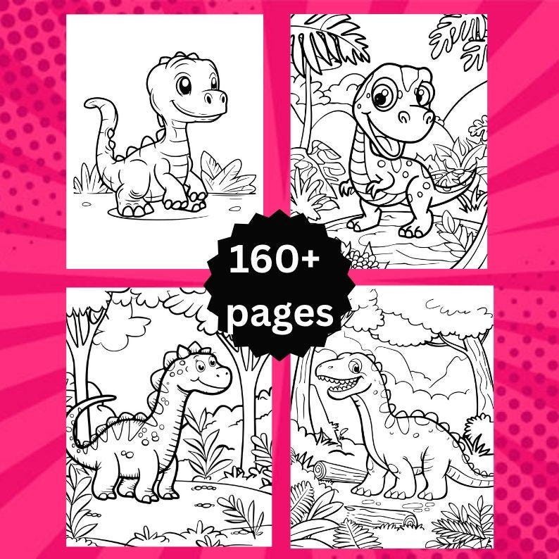 Pode incluir: Um livro de colorir em preto e branco com quatro ilustra&ccedil;&otilde;es de dinossauros. O livro apresenta o texto "160+ p&aacute;ginas" em uma estrela preta. Cada p&aacute;gina mostra um dinossauro diferente em um ambiente natural.