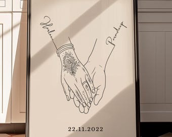 Custom Desi Couple Holding Hands Wall Art Gift, Minimal Bride Groom Wedding Print, Indian Anniversary Gift, INSTANT Punjabi Valentine's Gift