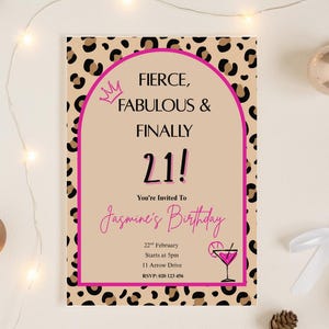 PINK 21ST LEOPARD PRINT Invitation Print, Editable Animal Party Invite Template, Finally 21 Digital Download, Wild Girl Birthday, Y2K Baddie