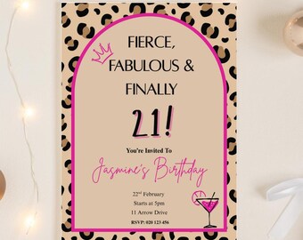 PINK 21ST LEOPARD PRINT Invitation Print, Editable Animal Party Invite Template, Finally 21 Digital Download, Wild Girl Birthday, Y2K Baddie