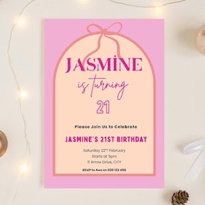 Editable 21st Birthday Invitation for Her | Coquette Pink Bow Theme Canva Template | Elegant Digital Invite | ANY AGE Pink Ribbon Invite |