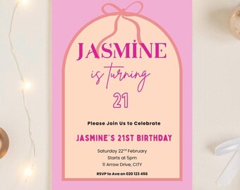 Editable 21st Birthday Invitation for Her | Coquette Pink Bow Theme Canva Template | Elegant Digital Invite | ANY AGE Pink Ribbon Invite |