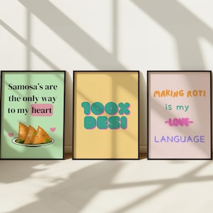 Funny Indian Food Wall Art Set – Samosa Poster, Roti Quote, 100% Desi Pop Art | Pastel Desi Kitchen Decor | Funny Indian Posters | Desi Gift