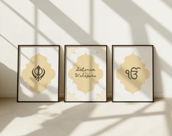 Sikh Wall Art Set of 3 | Ik Onkar, Satnam Waheguru & Khanda | Punjabi Spiritual Home Decor | Sikh Religious Printable 24x36