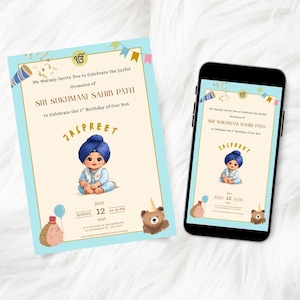 May include: A light blue invitation card and a smartphone displaying the same design. The card and phone screen feature text and an illustration of a baby in a blue turban. The text reads "SRI SUKHMANI SAHIB PATH" and "JASPREET".