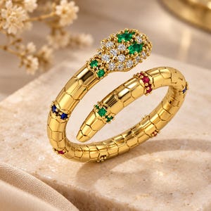 Anillo de serpiente de plata de ley 925 con baño de oro de 18 quilates, esmeralda, rubí, zafiro y moissanita. Anillo llamativo con forma de serpiente, regalo de joyería fina.